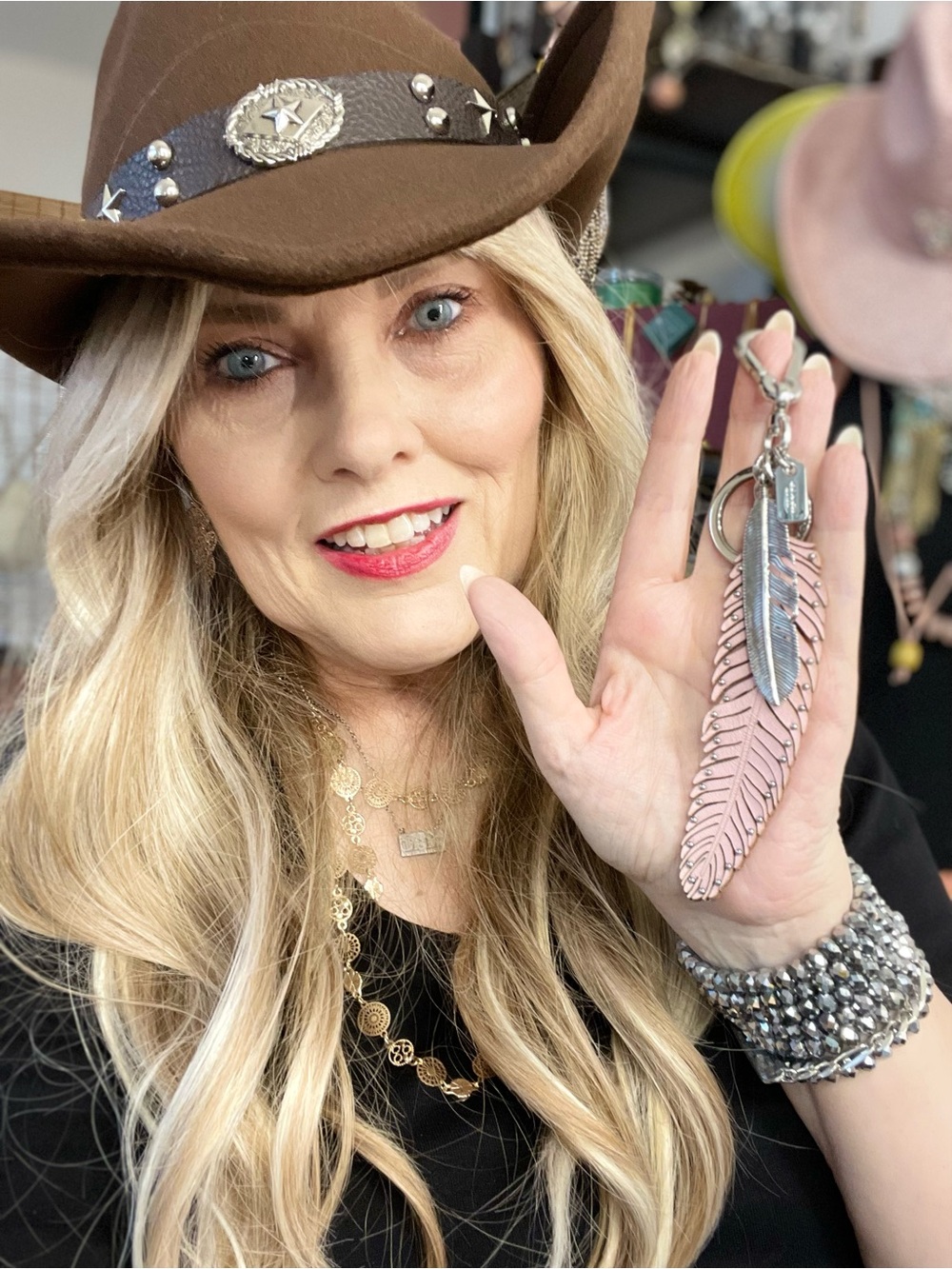 COACH Pink Leather Studded Feather Bag Charm